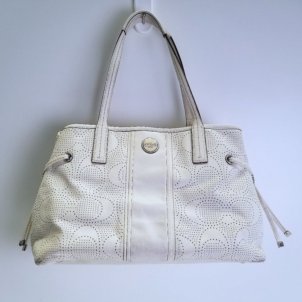 White Coach Carryall Perforated Full-grain Cowhide Leather Shoulder Bag